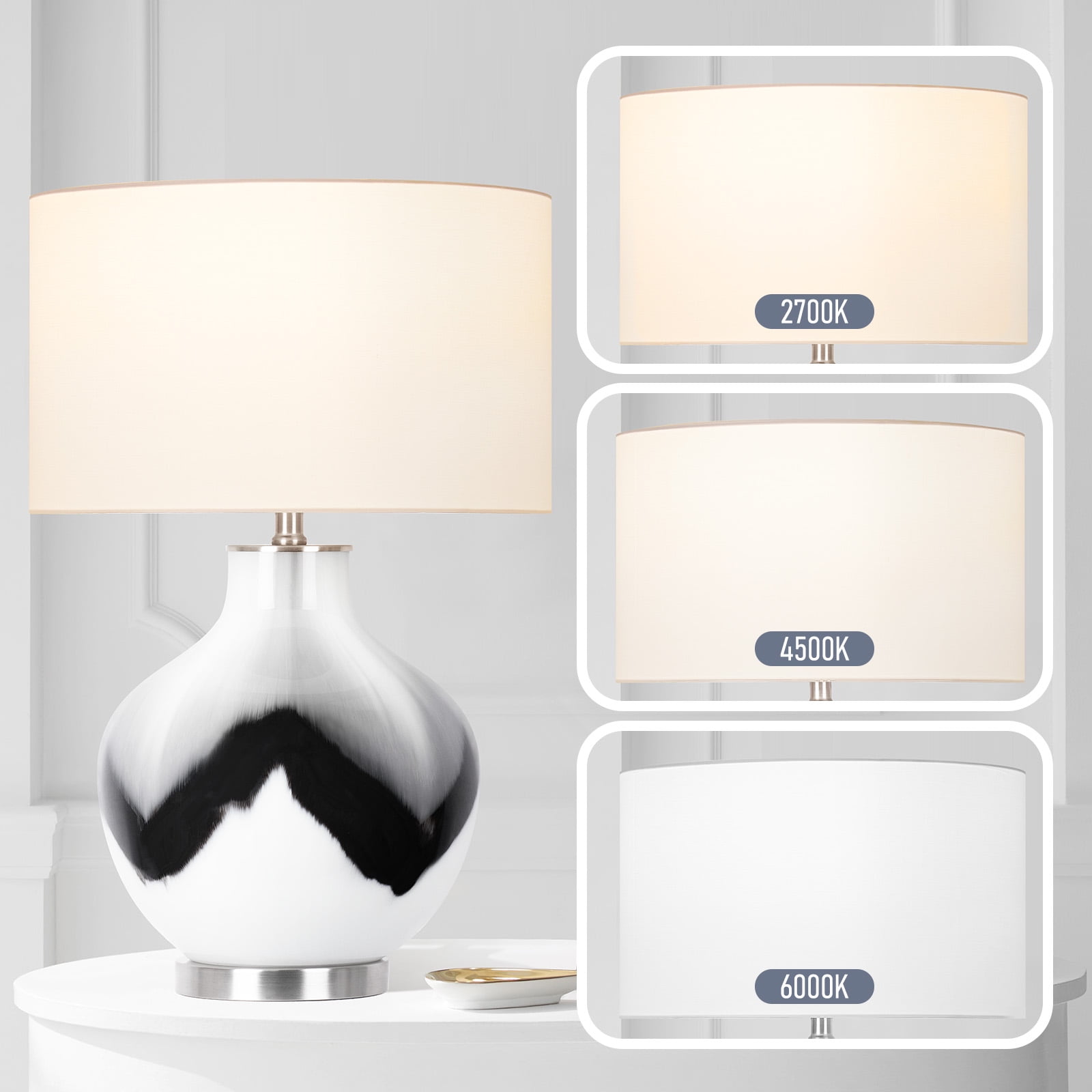 Glass Large Table Lamps for Bedroom, 3 Color Temperature Rotary Switch Bedside Lamps, Modern Nightstand Lamps for Home Lighting Decoration, 1 Pack Black