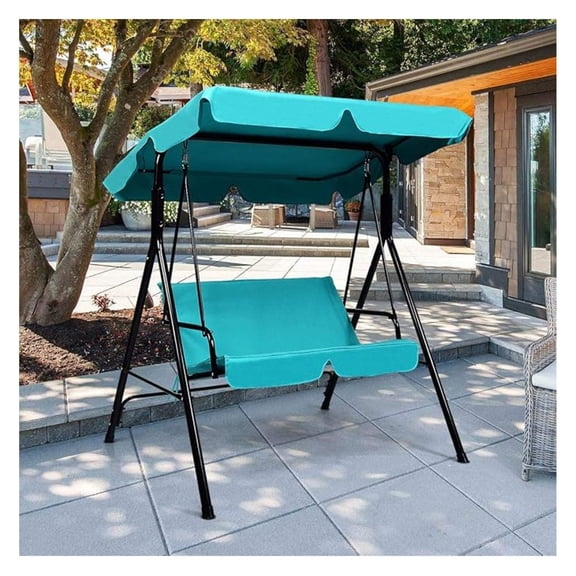 Patio Swing Chair 2 Person, Outdoor Loveseat with Adjustable Canopy, Powder Coated Steel Frame, Padded Cushion Seat for Porch, Garden, Backyard (Blue)