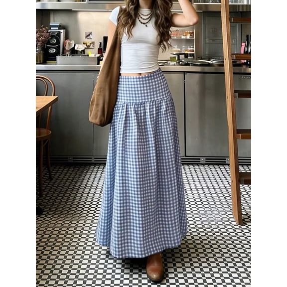 Light Blue Gingham Tiered Maxi Skirt, Flowing A-Line Casual Skirt For Everyday Wear