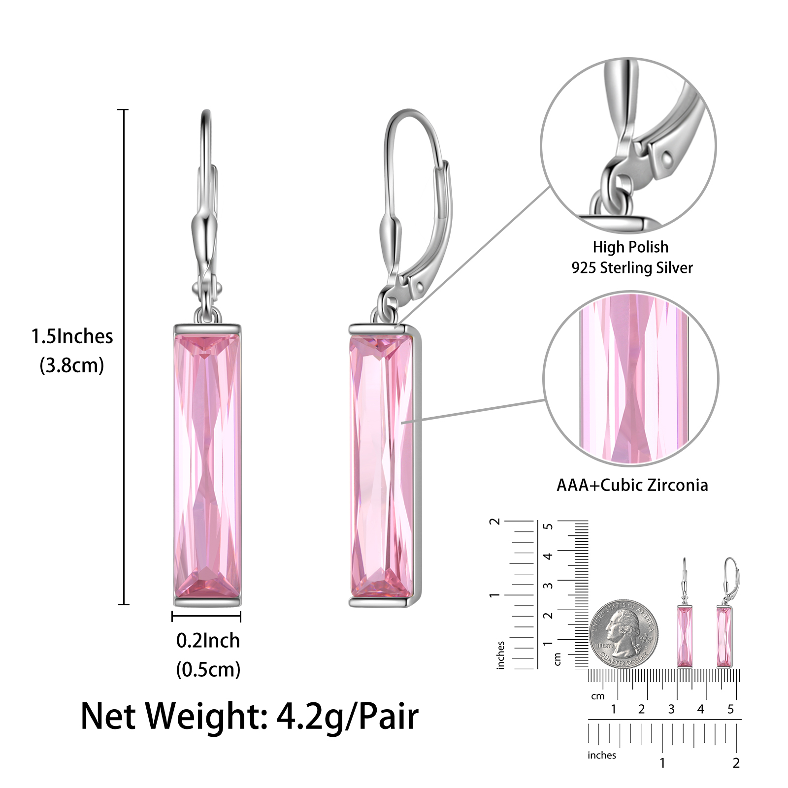 Juwaliy Women Dangle Earrings 925 Sterling Silver October Birthstone Leverback Hanging Tourmaline Pink Jewelry Mom Valentine's Day Gift