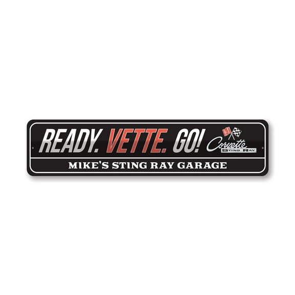 Ready Vette Go Garage Chevy Corvette Aluminum Metal Decor Sign - 4x18 inches