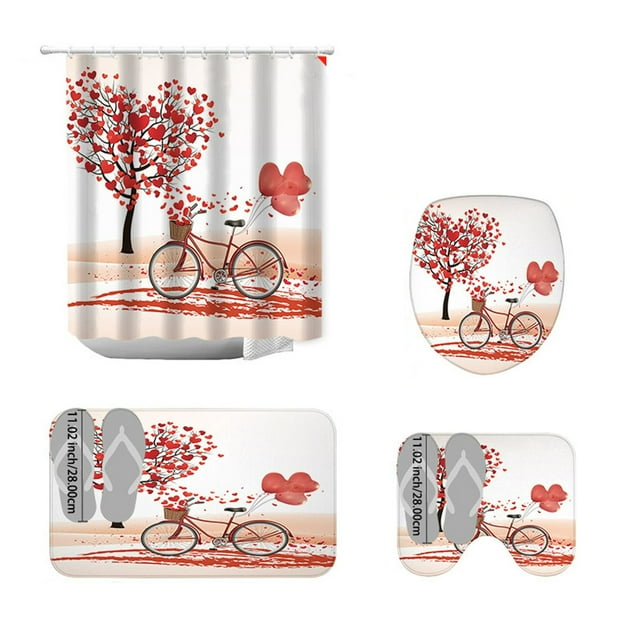 Ensemble de Rideau de Douche 4 Pcs Comprend 1 Rideau de Douche 1 Housse de Siège de Toilette 2 Tapis de Sol Imperméable Séparation Salle de Bain Sec Humide