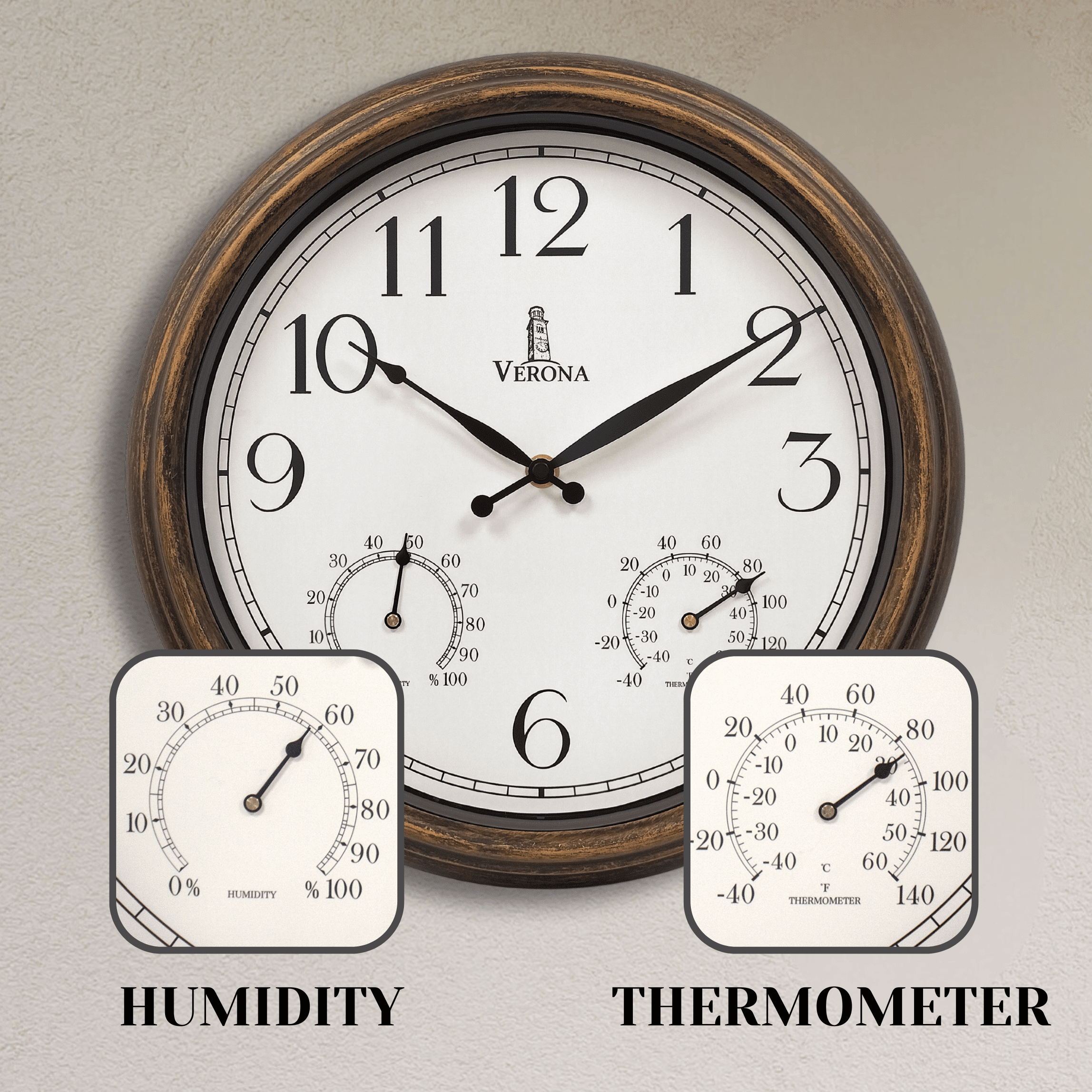 Outdoor Clock for Patio Waterproof with Thermometer - 14 inch Indoor Outdoor Clock with Temperature and Humidity - Weatherproof, Accurate & Easy to Read Wall Clock for Pool, Patio, Garden &Home Decor