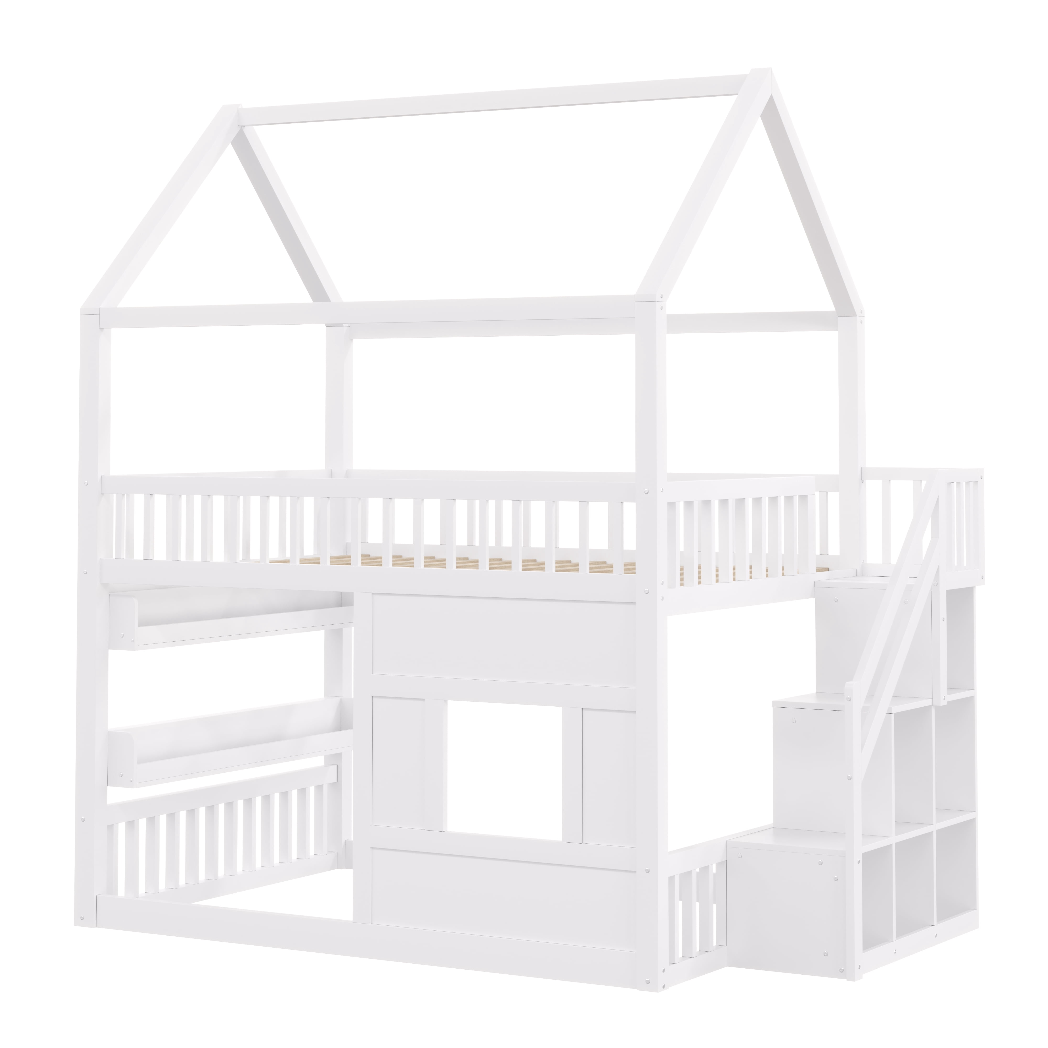 Euroco Wood Full over Full Bunk Bed with Staircase, House Bed with LED Light, White