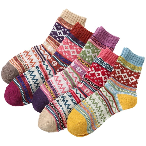 5 Pairs Women's Winter Fashion Socks - Multicolor Thick Warm Crew Socks Wool Cotton