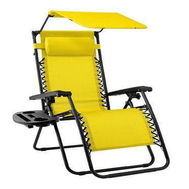 Outdoor Folding Zero Gravity Recliner, Patio Lounge Chair w/Adjustable Canopy Shade, Headrest, Side Accessory Tray, Textilene Mesh - Sunflower Yellow
