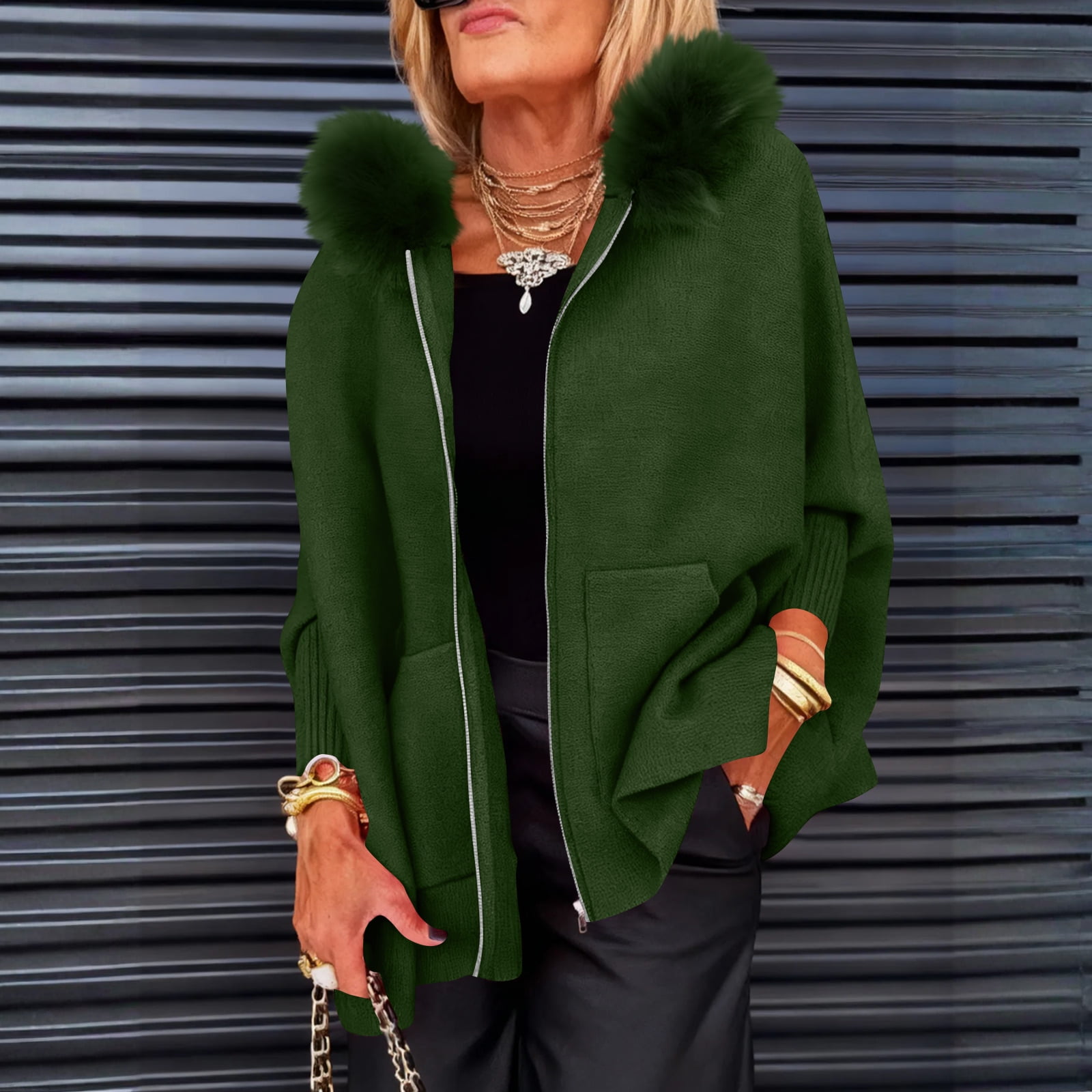 Women's Full Zip Up Hoodie Long Sleeve with Faux Fur Hooded Sweatshirts Front Pockets Jacket Loose Fit Coat for Women Army Green XL