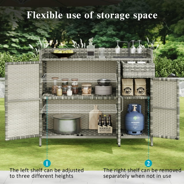 47.5"W Wicker Outdoor Storage Cabinet with Tempered Glass Desktop, Weather-proof Rattan Bar Table with Three Doors, Adjustable Shelf, and One Drawer, for Outdoor Cushions, Pool Toys , Grey