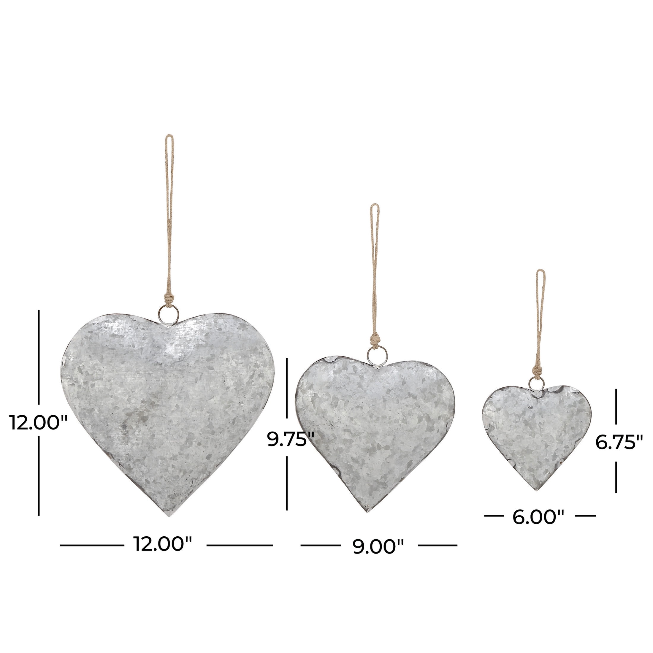 DecMode Tibetan Inspired Silver Metal Heart Decorative Bells with Jute Hanging Rope, 3 Count