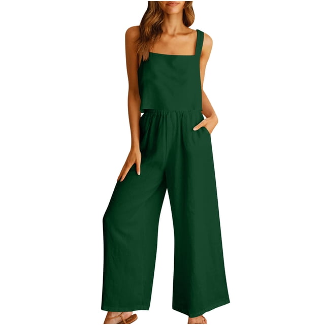 Fmbrln Womens Summer Two Piece Sets Square Neck Linen Tank Tops + Wide Leg Pants Comfy Lounge Matching Sets Vacation Outfits