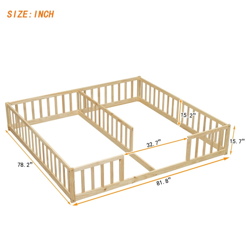 Mirightone Montessori Double Floor Bed for 2, Wood Twin Size Floor bed Frame with Guardrails for Sibling (Natuarl)