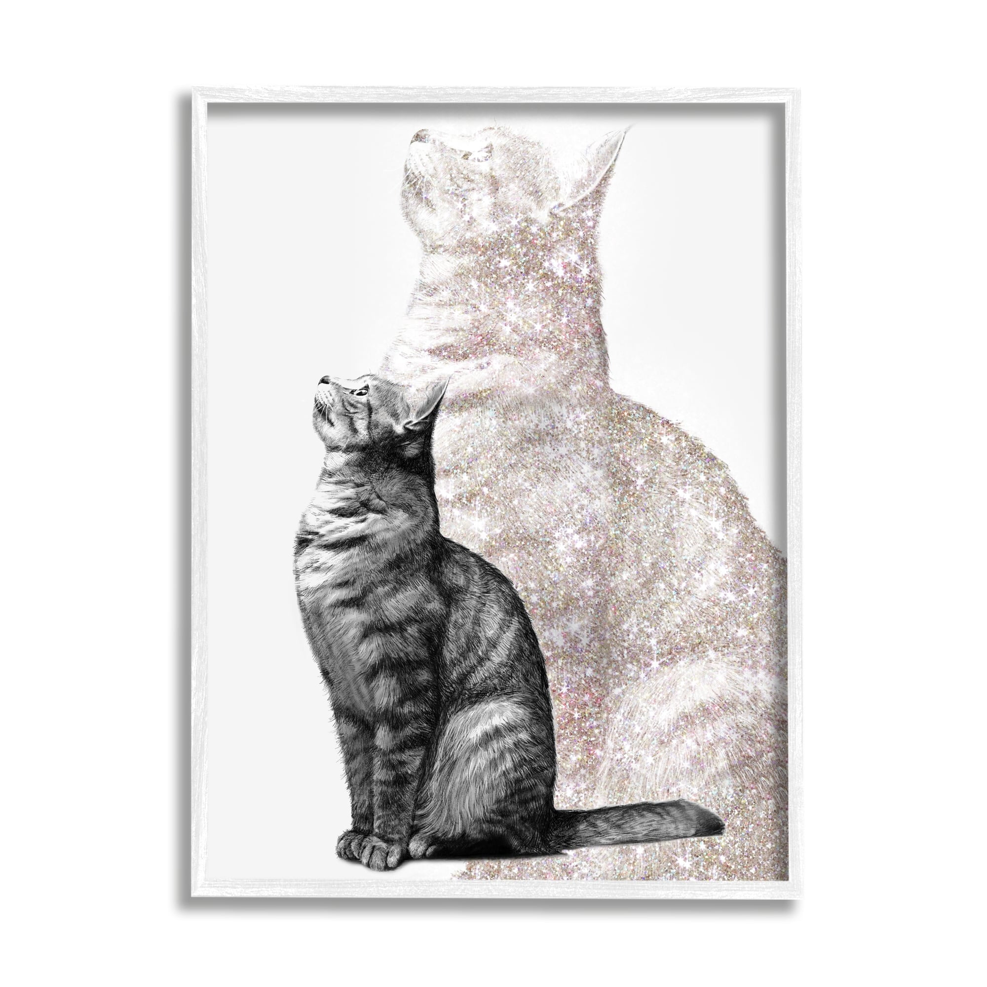 Stupell Industries Stoic Striped Cat Sitting Glam Sparkle Silhouette Graphic Art White Framed Art Print Wall Art, Design by Ziwei Li