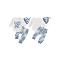 thumbnail image 2 of Baby Toddler Boys 3PCS Outfit 0 3 6 12 18 Months Long Sleeve Letter Print Romper Checkerboard Print Pants Hat Clothing Sets, 2 of 9