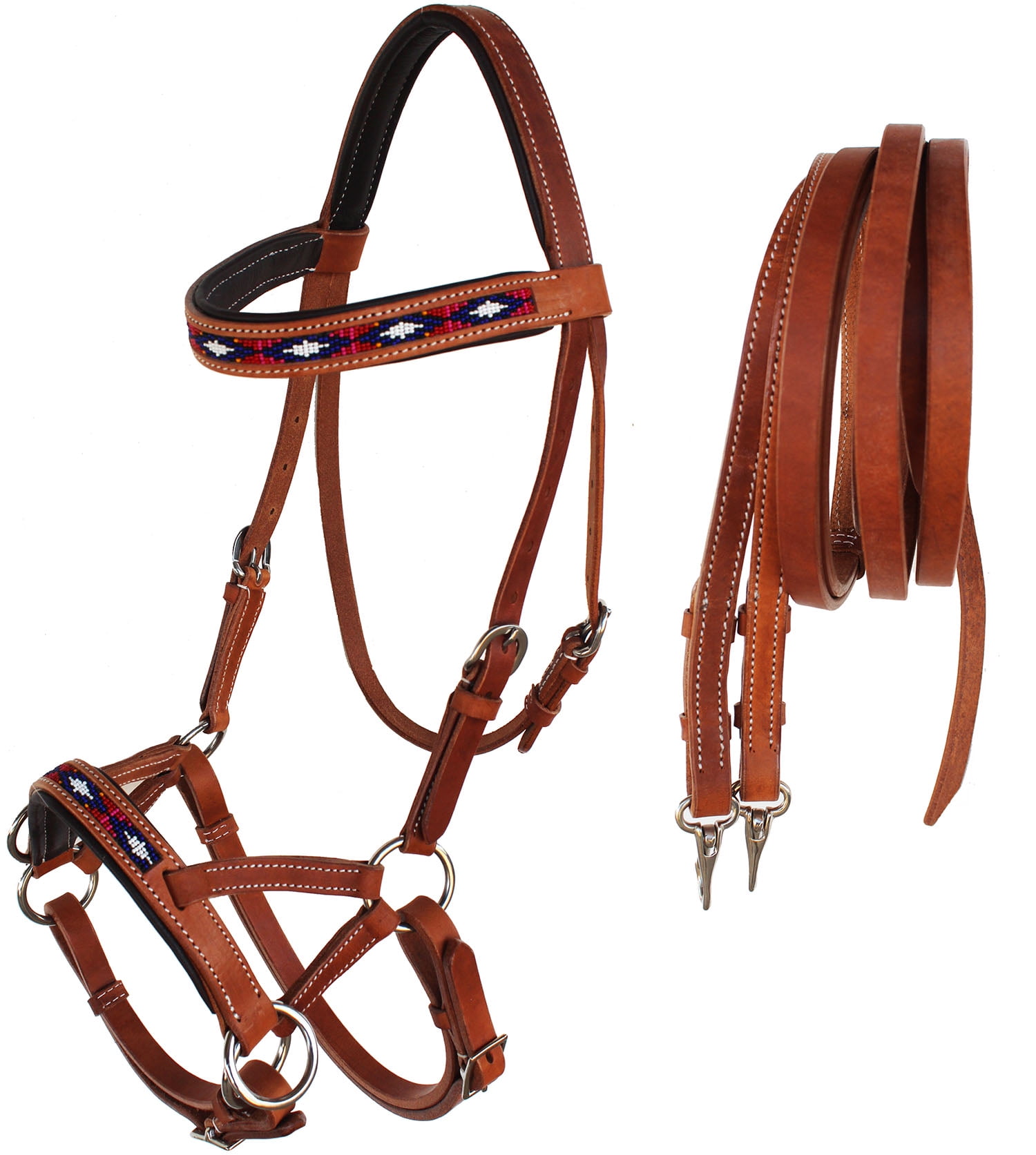Horse Western Leather Padded Beaded Bitless Sidepull Bridle Brown 77RT08BR-F 
