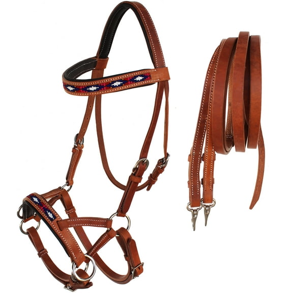Horse Western Padded Leather Beaded Bitless Sidepull Bridle Reins 77RT08TN-F