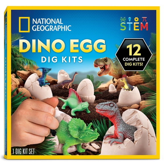 National Geographic Dinosaur Dig Kit - 12 Dino Shaped Dig Bricks with Figures Inside & Excavation Tool Sets, Egg Hunt or Dig Party Activity, Great STEM Toy for Boys & Girls, Easter Basket Stuffers