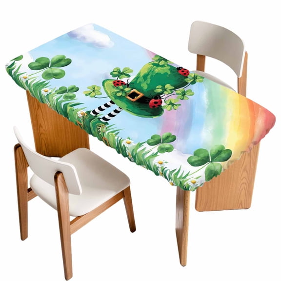 St. Patrick's Day Table Cloths for 3 Foot Rectangle Tables, Green Shamrock Hat Ladybirds Daisy Rainbow Patio Waterproof Elastic Fitted Tablecloths, Washable Rectangular Table Cover for Camping