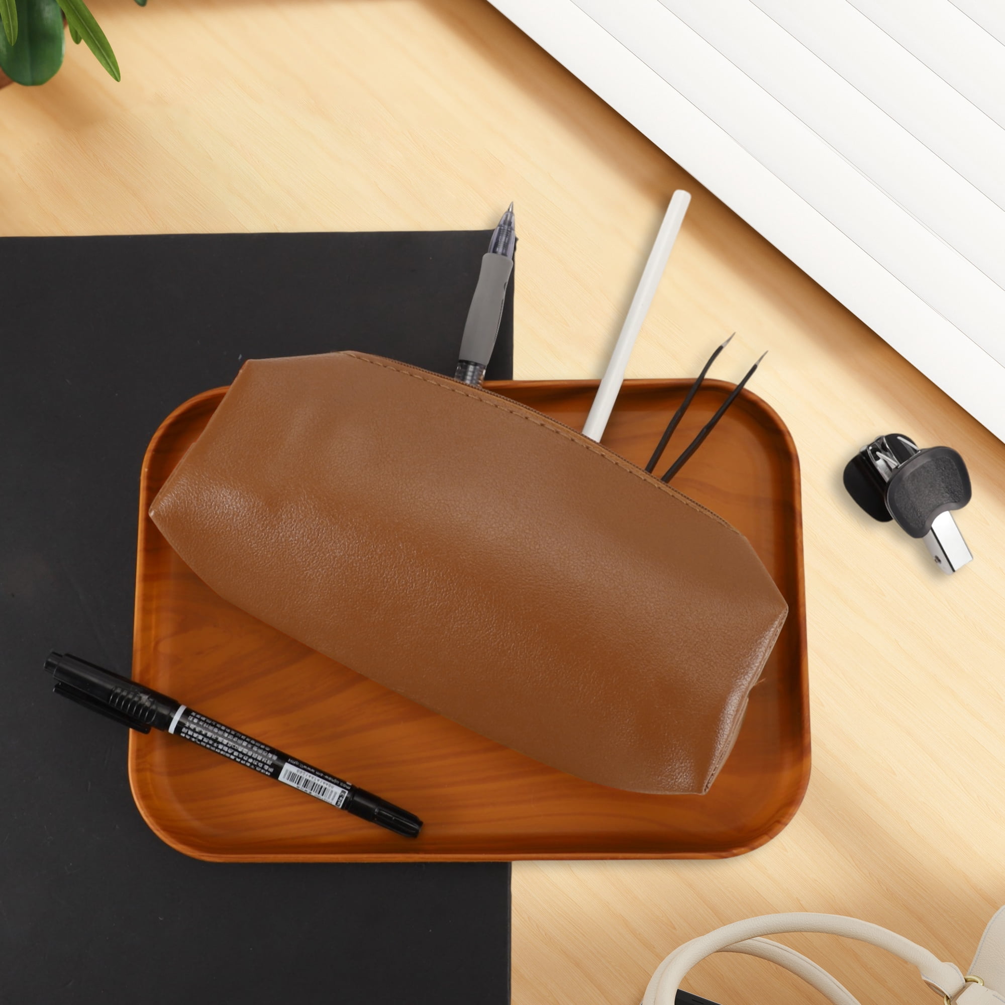 Unique Bargains Portable Stationery Bag Zipper Pencil Case Brown 7.9"x2.4"x2.4"