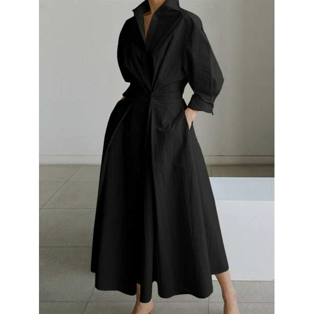 S-5XL Korean Fashion Long Sleeve Shirt Dress Chic Turndown Neck Ruched Maxi Dress Women 2022 Autumn Winter Clothes StreetwearS Gao Jinjia LED