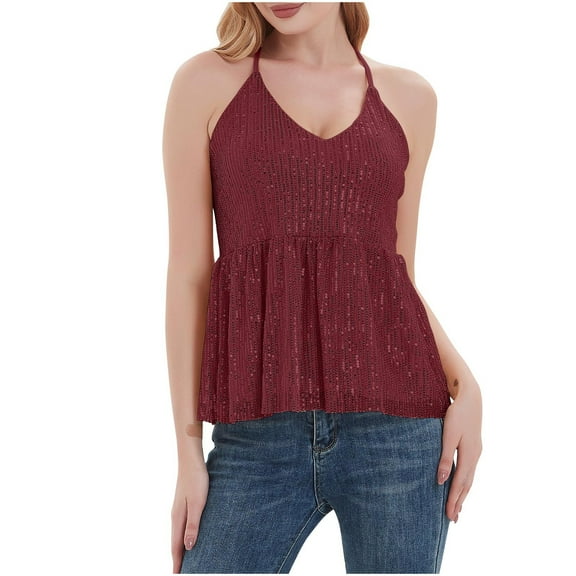 Besolor Women's Sequins Camisole Strappy Sleeveless V Neck Cross Back Sparkly Glitter Party Club Peplum Top