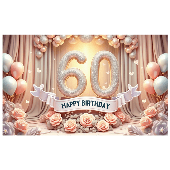 Decorative Design Banner Colorful Balloons Party Decoration Rose Flowers Celebration Banner for 60th Birthday Party Indoor Celebration Photo Shoot