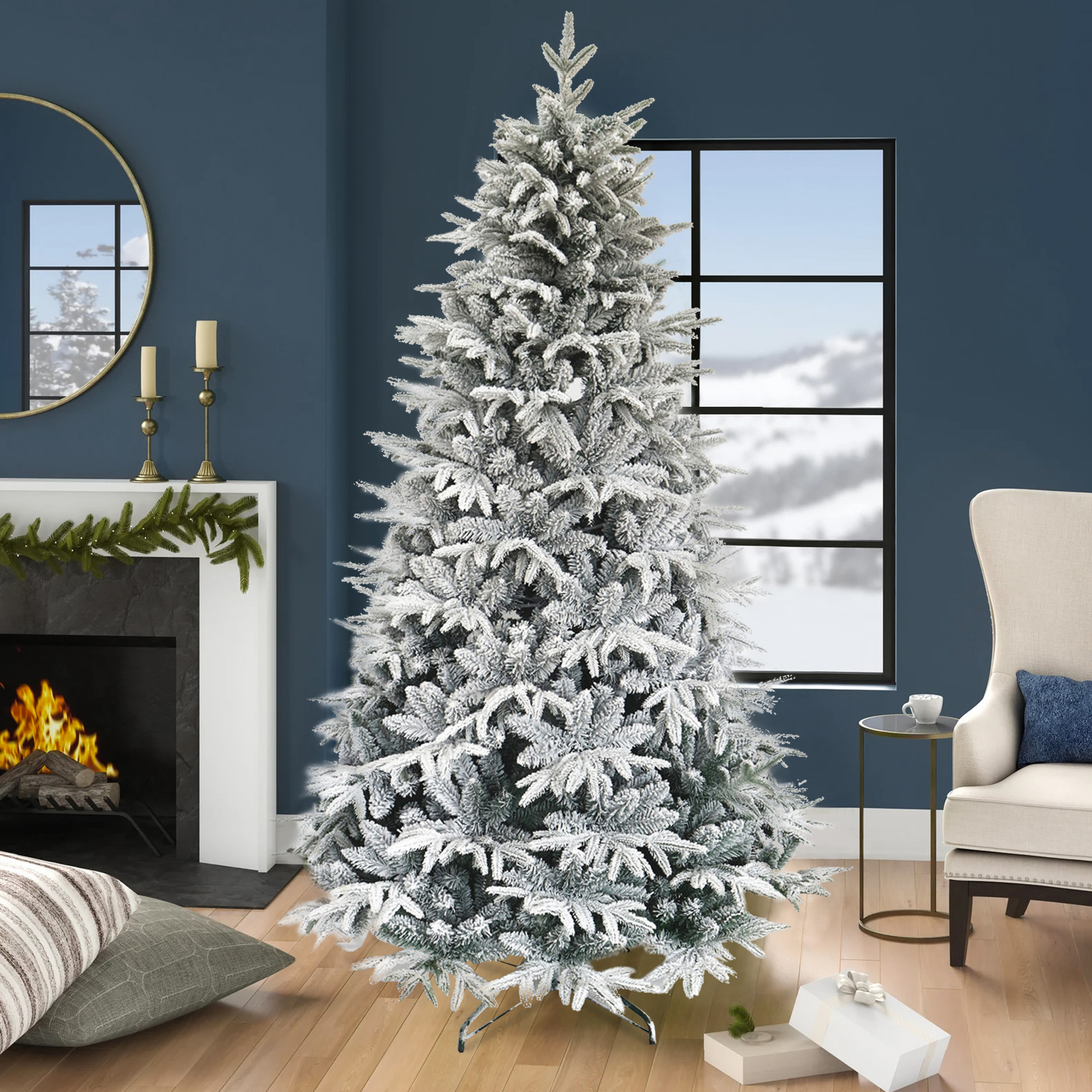 BTMWAY Artificial Christmas Tree, New Upgraded 7ft Hinged Snow Flocked ...