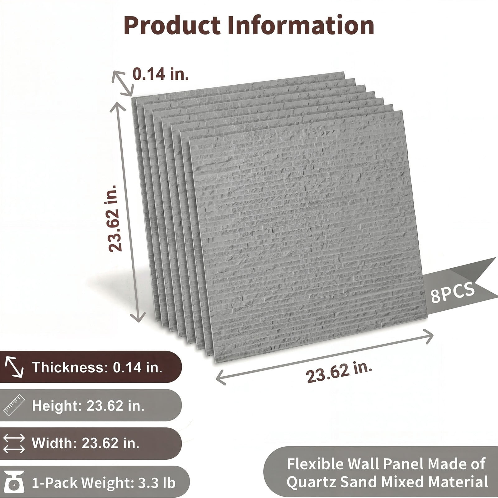 Easy4Home 8Pcs 24"x24" Flexible Stone Wall Panels 3D Faux Stone Texture Decorative Wall Tiles for Interior and Exterior Wall, Gray