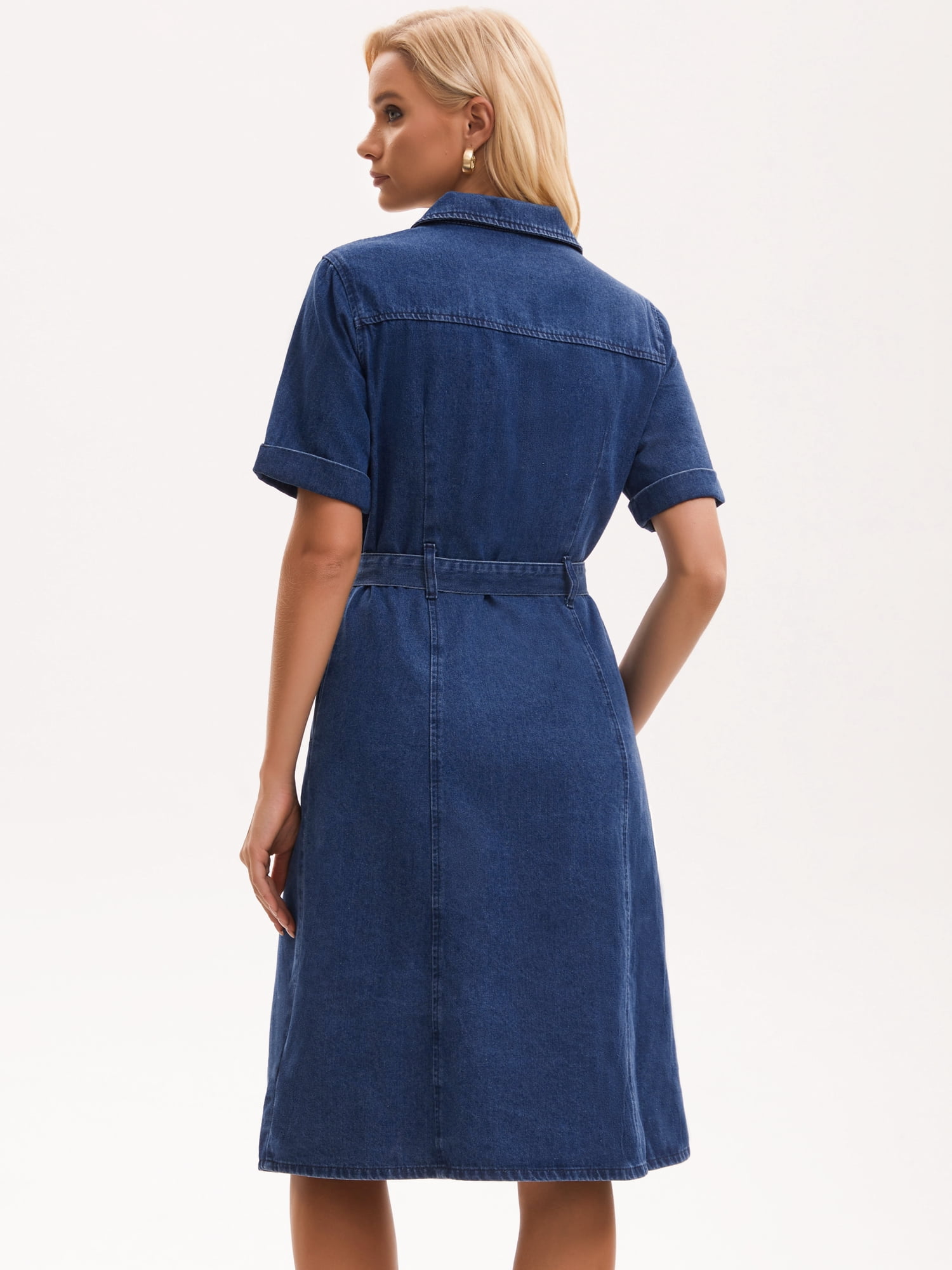DARING DIVA Women's Denim Button Down Short Sleeve Belted Jean Shirt Dress XL Dark Blue