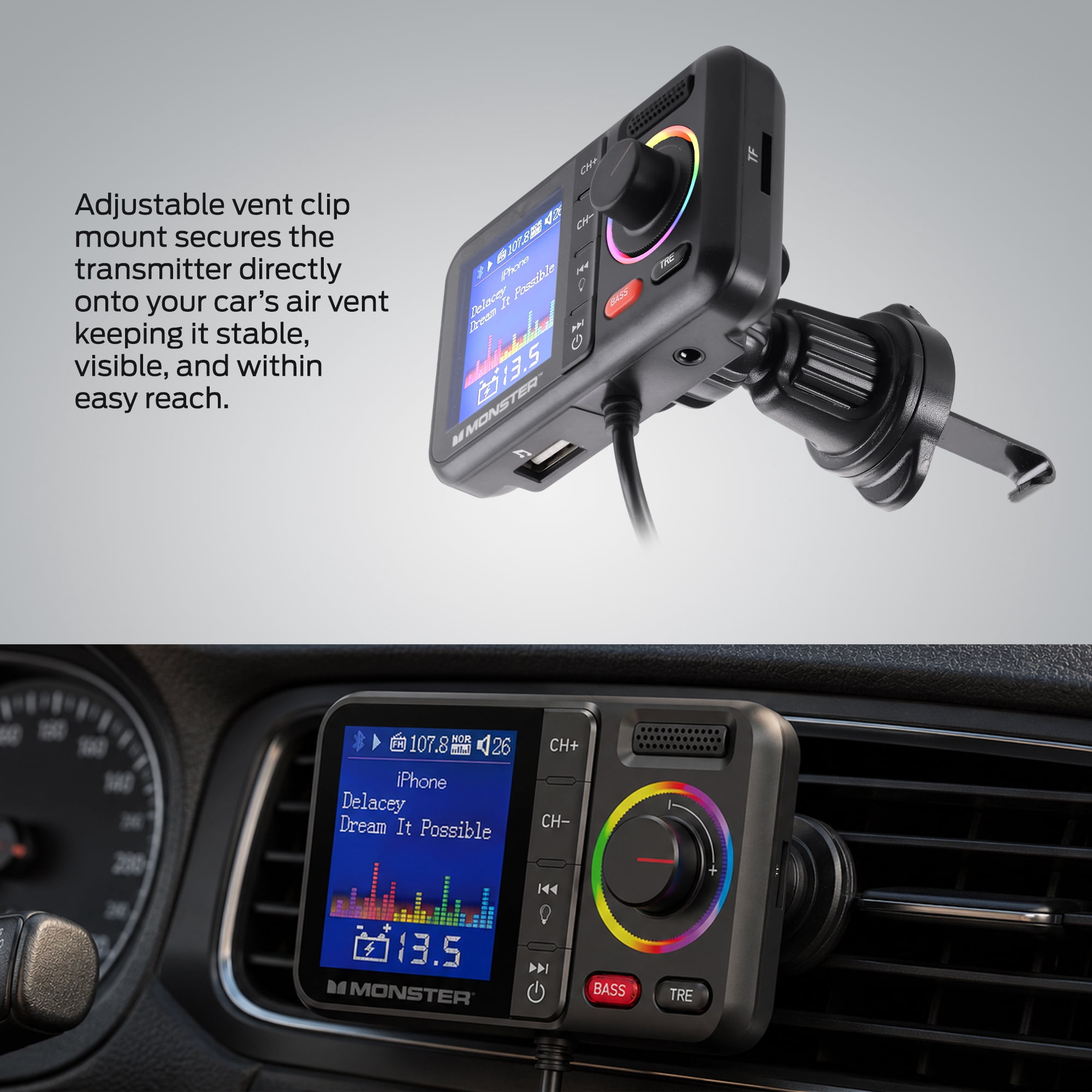 Monster Bluetooth FM Transmitter for Car, 48W Dual USB Fast Charger, PD 30W USB-C & QC 3.0 USB-A, Hands-Free Calling, Wireless Music, AUX USB MicroSD, Adjustable EQ, Vent Clip Mount