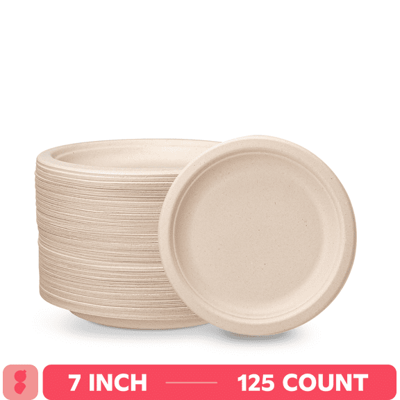 GUSTO 7 Inch 100% Compostable Paper Plates, Eco-Friendly Heavy Duty Disposable Dinnerware, 125 Count