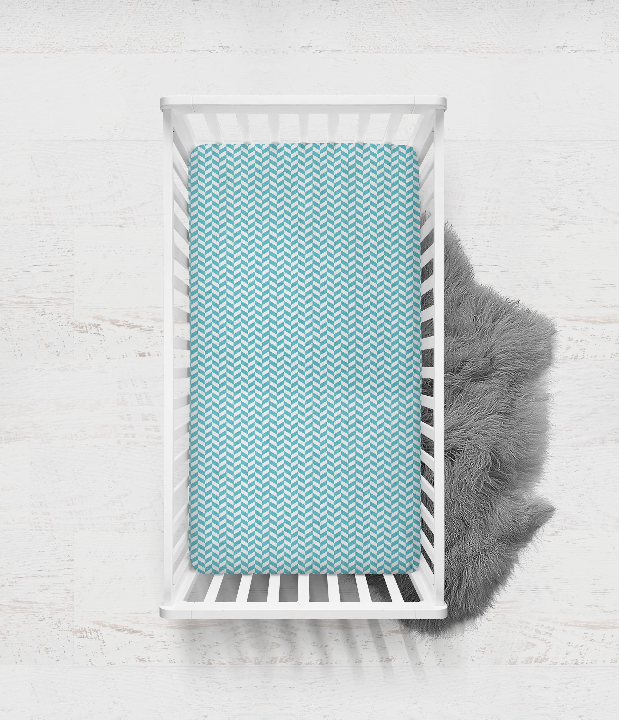 Herringbone Houndstooth Aqua Muslin Crib or Toddler Bed Fitted Sheet Cotton Muslin