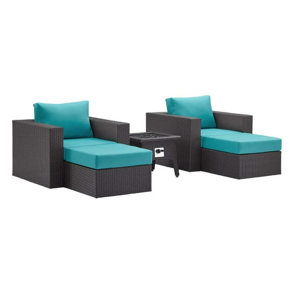 Modway Convene 5 Piece Set Outdoor Patio with Fire Pit in Espresso Turquois