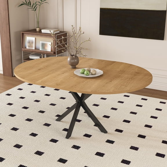 Toauuo Extendable Round Dining Table for 2-6 Person, 43-58 Inch Oak Finish Expandable Table with Carbon Steel Base, Modern Space-Saving Dining Room Furniture