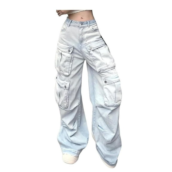MuZeFu Cargo Jeans for Women High Waisted Retro White Workwear For Women In Spicy Girl With High Waist Slim Loose Fitting And Elongated Straight Leg Jeans