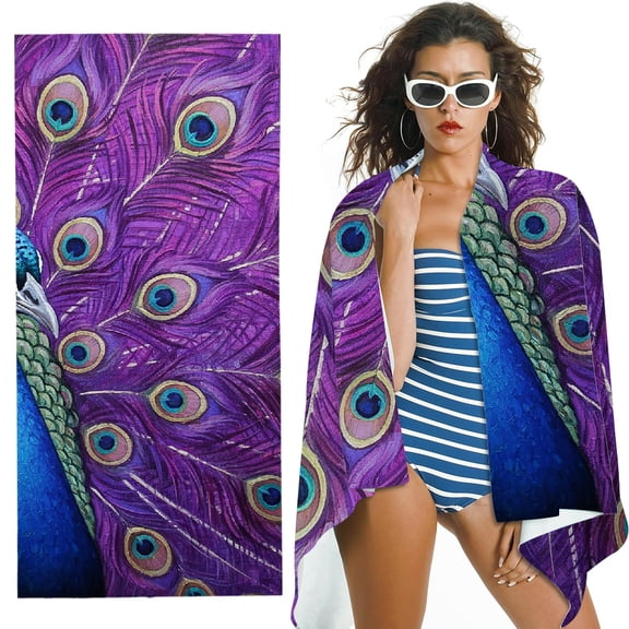 RKSupls Purple Peacock Full Glory Quick Dry Sand-Free Large Pool Beach Towel
, Ultra-Soft Microfiber for Bathroom, beach, Soft Super Absorbent- 30x60 in