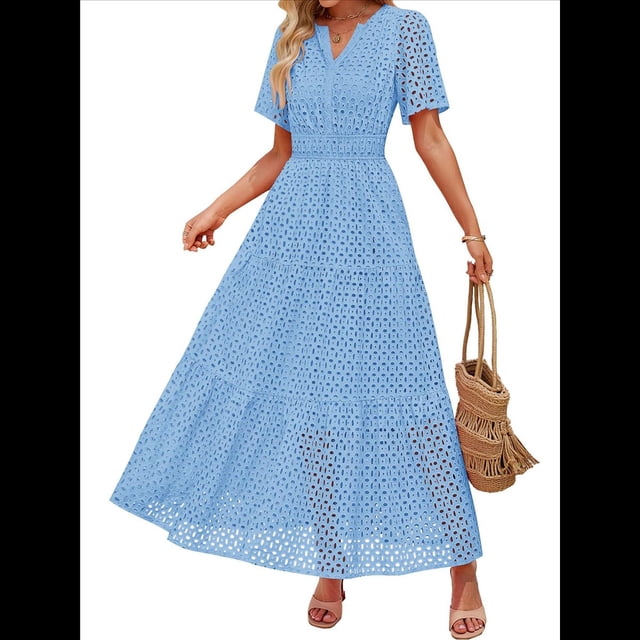 Vestido Informal de Verano para Mujer, de Corta, con Escote en V, Aberturas, Volantes y Ojales, Corte A Azul XS