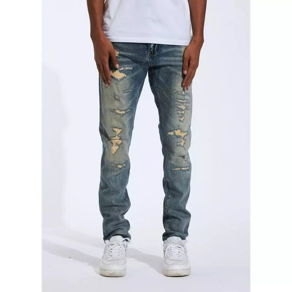 Crysp Denim Men's Distressed Rip & Repair Stonewashed Skinny Fit Stretch Jeans (28, Blue Stonewashed)