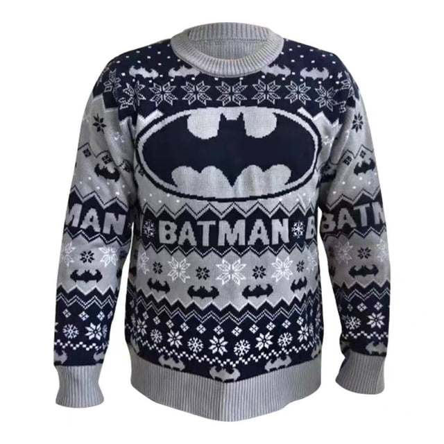 suéter batman para hombre, navideño, marino, talla m centered front-facing view of a navy knit Christmas sweater with large central Batman logo, repeating snowflake and bat fair isle pattern, ribbed crew neck, cuffs and hem and 'BATMAN' text band across chest; fabric from specs: acrílico y poliéster reciclado, medium size on plain background, suitable for winter casual looks.