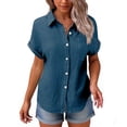 thumbnail image 6 of Womens Cotton Linen Gauze Shirts Loose Fit Button Down Blouses Casual Summer Textured Collared Crinkle Seersucker Tops Navy M, 6 of 7