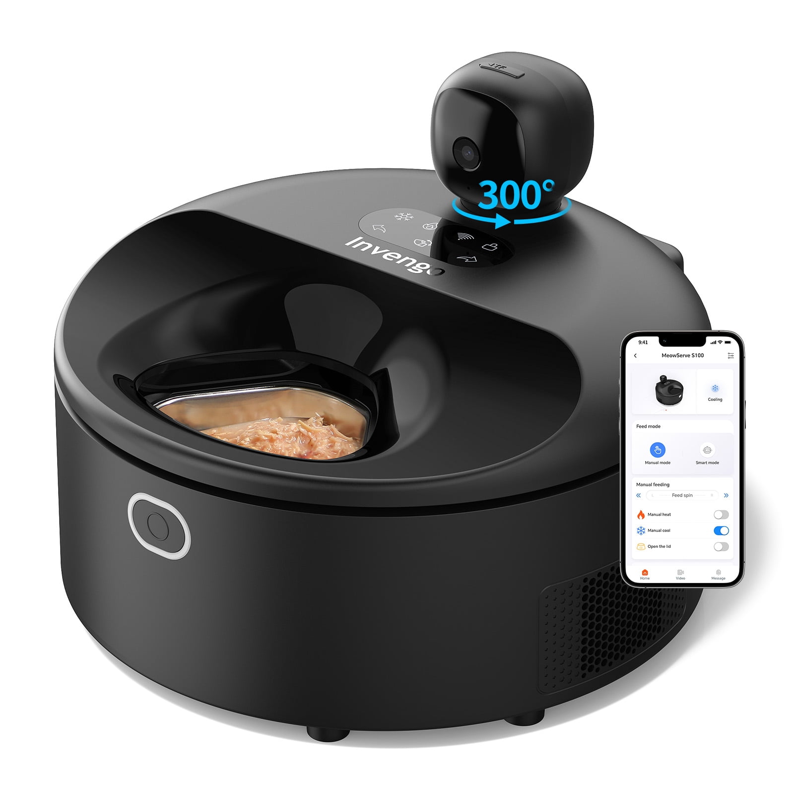 Smart Wet Food Feeder with Camera, Invengo Dual Semiconductor Cooling & Heating with 5 Stainless Steel Trays, Dual-band Wi-Fi APP Control, 5 Fresh Meals Pet Food Dispenser, Black