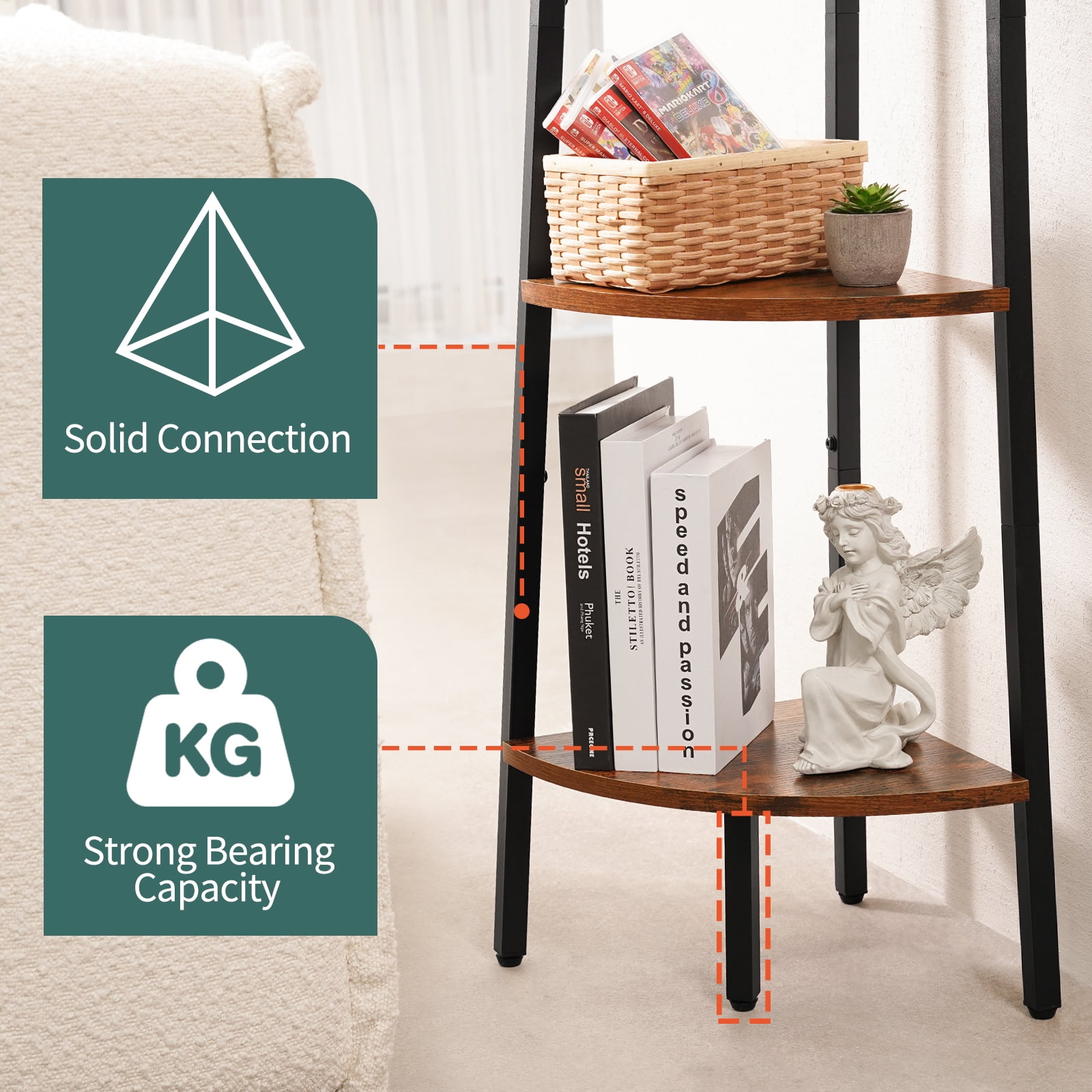 Yoobure 4-Tier Corner Bookshelf with Metal Frame,Ladder Display Shelf for Bedroom and Living Room, Tall Wood Corner Bookcase and Plant Stand