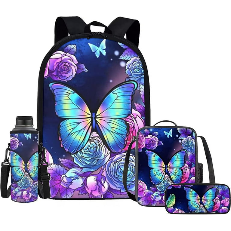 Pzuqiu Girls Backpack with Lunch Bag for School Kids 6-8 Butterfly