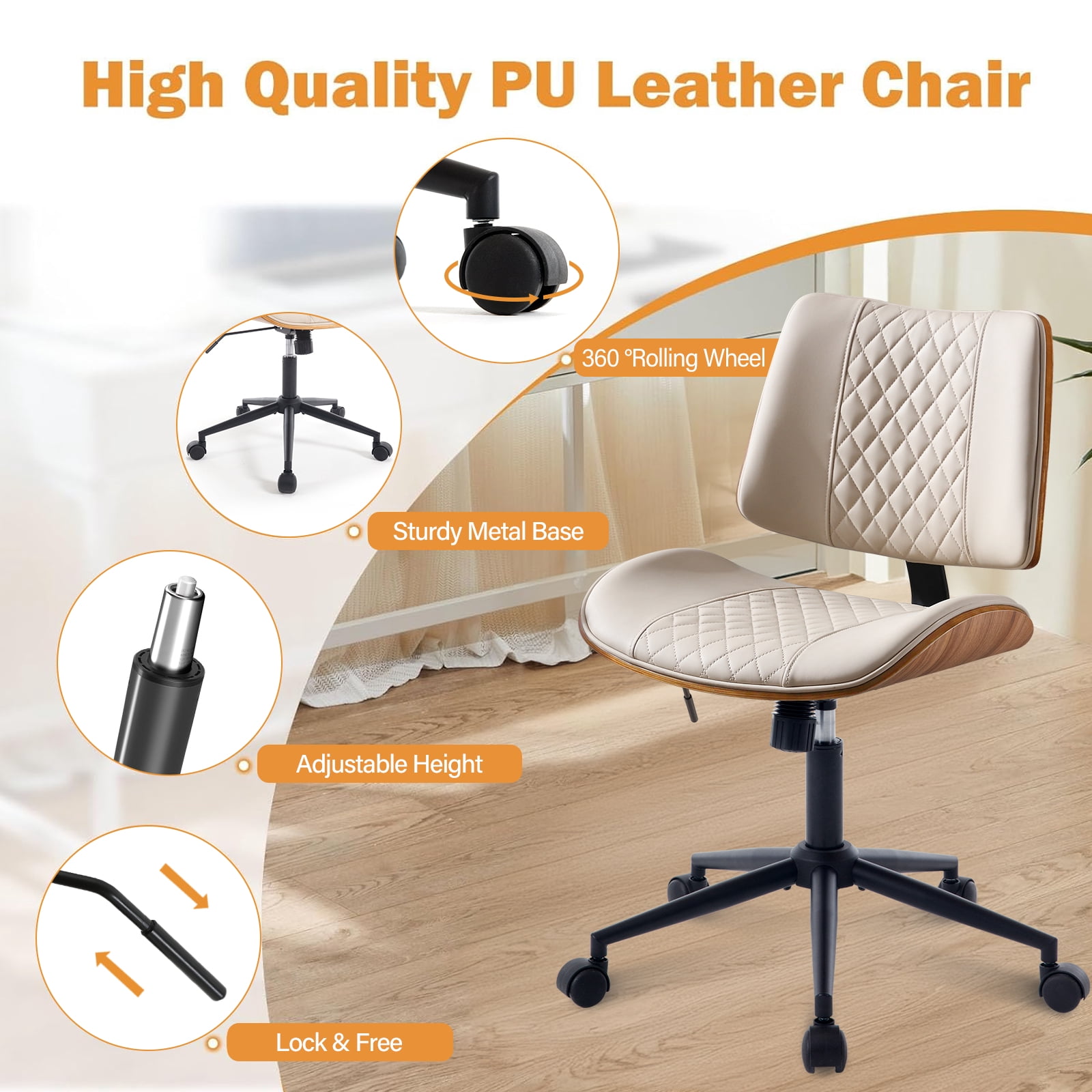 Home Office Chair with Wheels, Adjustable Height and 360° Swivel Armless Desk Chair, Modern PU Leather Mid-Back Computer Chair for Office Living Room Bedroom, Beige