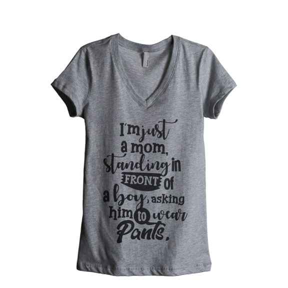 Mom Asking A Boy To Wear Pants Women's Fashion Relaxed V-Neck T-Shirt Tee Heather Grey Small