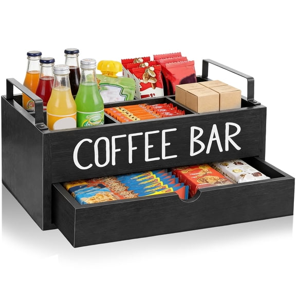 Tzdxfgl Coffee Station Organizer, Wood Countertop Coffee Bar Organizer, Coffee Pods Holder with Drawer, Black