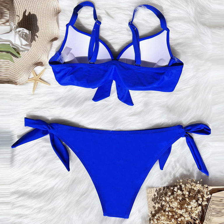 Female July 4Th Push up Bikini Tops for Women Small Bust Women Fashion  Short Sleeved Solid Color Waist V Neck Skirt with Ruffle Swimsuit Blue One  Size 