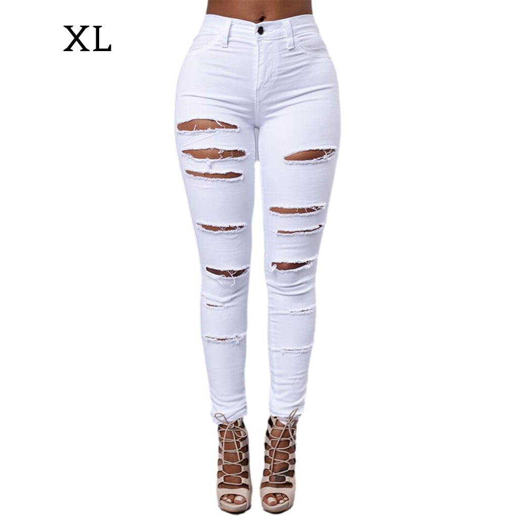 Jeans Taille Haute Pantalon Denim Serre Pantalons Denim Femme Pantalons Longs Serres Sexy Blanc XL