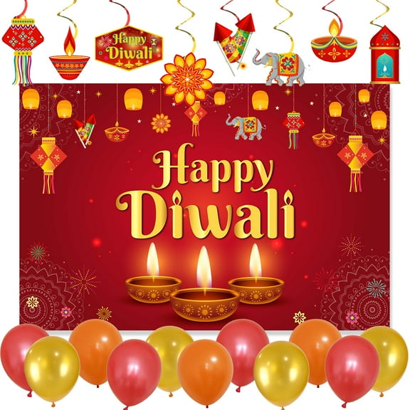 Happy Diwali Backdrop with Lights Candles Pattern, Red Gold Orange Balloon, Happy Diwali Hanging Swirls Diwali Themed Party Decorations for Children Adults Diwali Festival Greeting Party Supplies