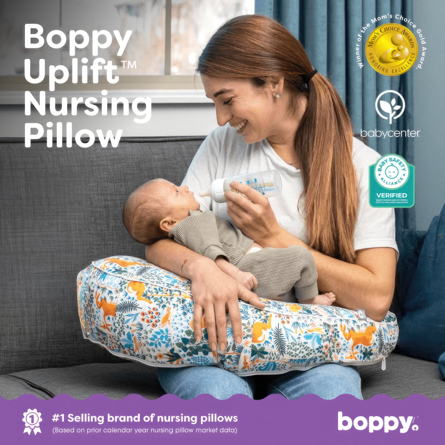 Boppy Uplift Nursing Pillow - Wedge Bottle & Breastfeeding Pillow to Reduce Spit-Up and Reflux Symptoms, with Body-Inclusive Opening And Adjustable Belt - Colorful Forest Animals