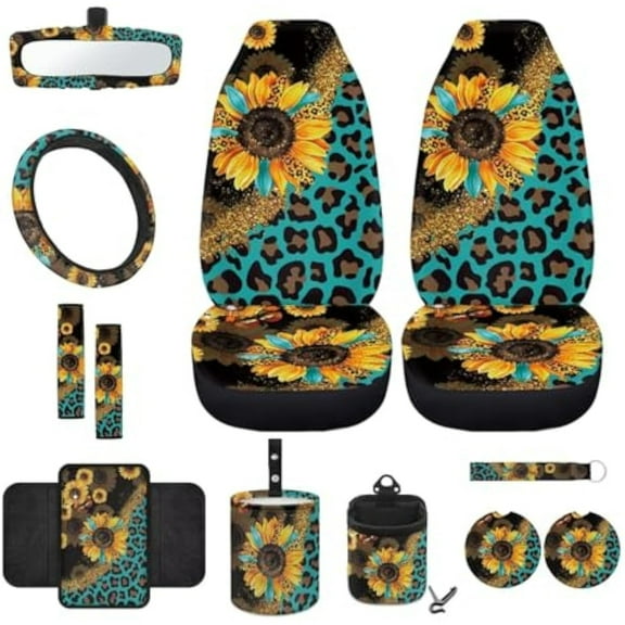Yuyamidu Sunflower Car Seat Cover Full Set 12pcs Leopard Print Front Seat Cover Steering Wheel Cover Seatbelt Pads Armrest Cover Trash Can Air Vent Holder Rearview Mirror Cover Coasters Keychain